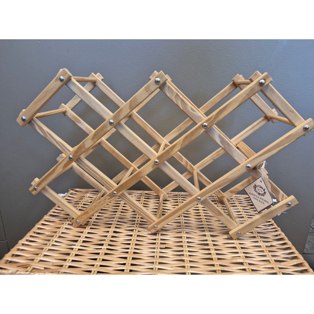 RTA 10 Bottle Folding Wine Rack Natural Wood Accordion Countertop Bar Storage